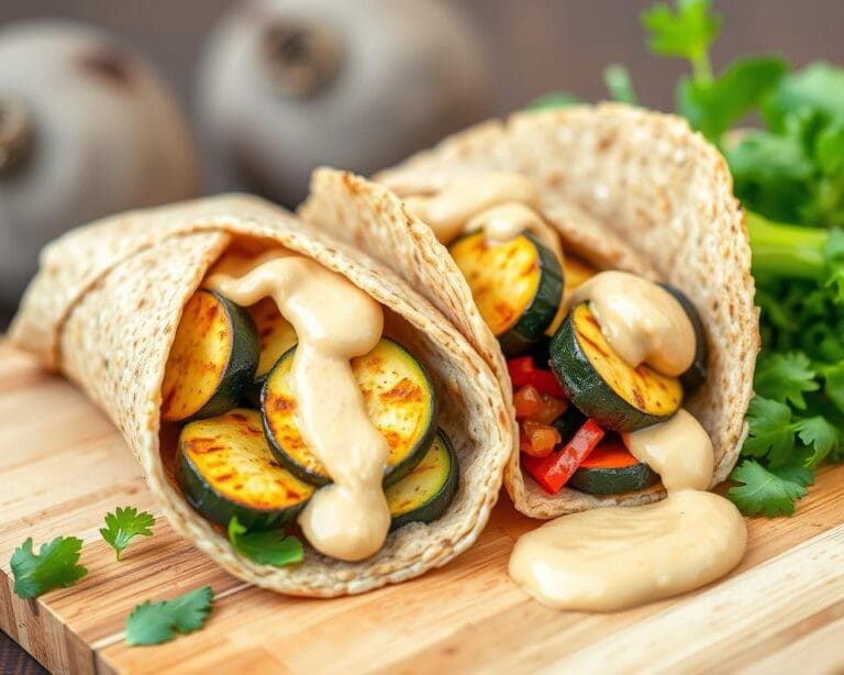 Volkoren wraps met gegrilde courgettes en hummus