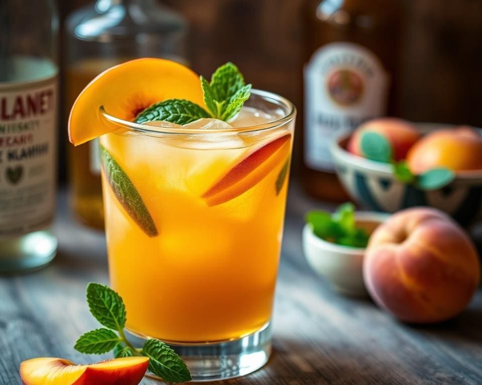 Whiskey Peach Smash, Zoet en verfrissend cocktail recept